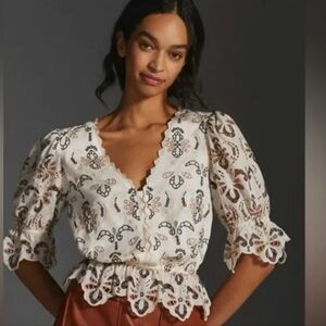 Anthropologie Cream and Brown Embroidered Blouse 100% Cotton
